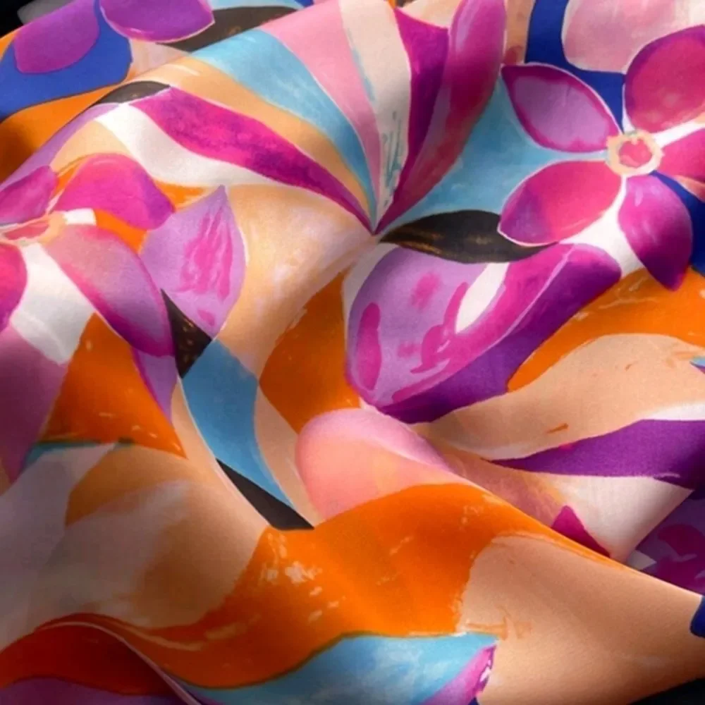 Floral Purple Orange Multicolor Satin Scarf